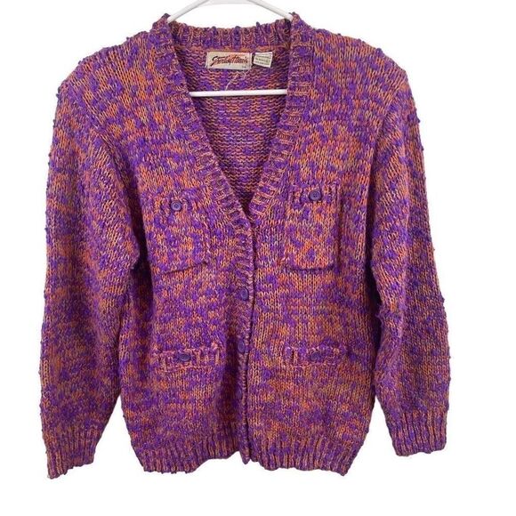 Vintage Sterling Harris 80's‎ Orange Purple Knit Cardigan Sweater Acrylic Sz L - Picture 1 of 6